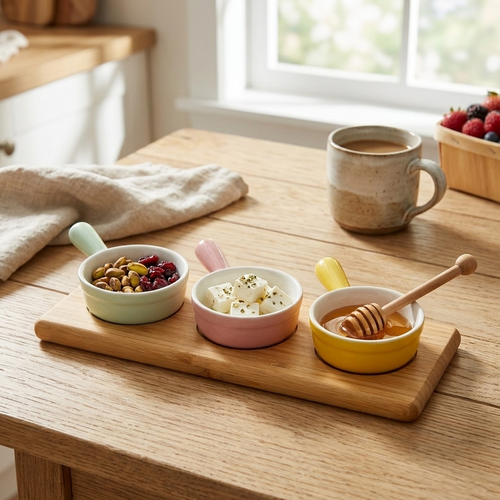 Pastel Bowl Set with Natural Bamboo Tray