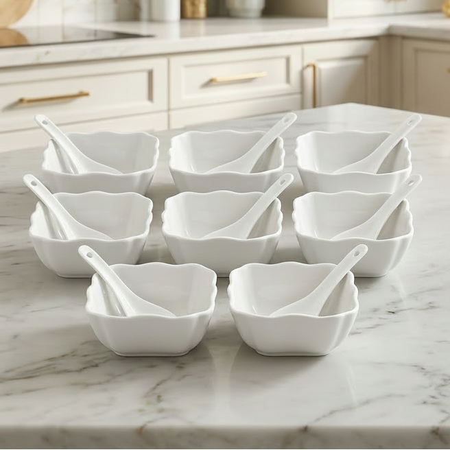 Luxury Ceramic Soup & Dessert Bowl with Spoon Set of 8