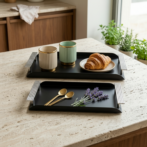 Modern Matte Black Serving Tray Set 2 Piece