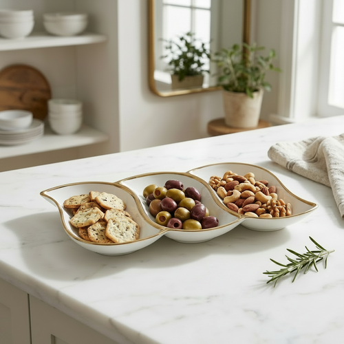 Luxury Ceramic 3 Compartment Leaf Serving Platter