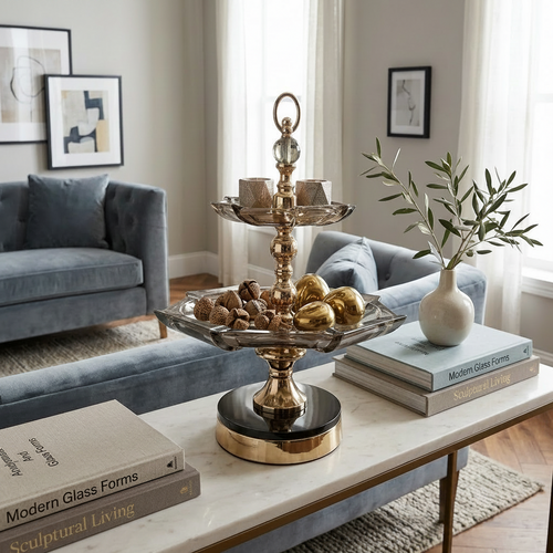 Luxury 2-Tier Serving Stand with Gold Finish & Black Base