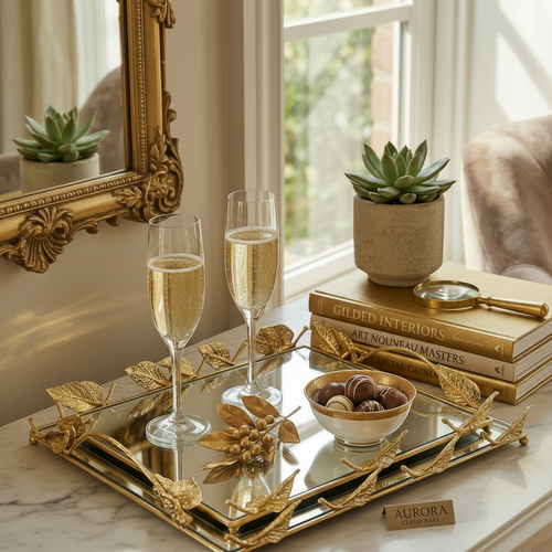 Imperial Gold Leaf Vanity Trays with Mirrored Bases Set of 2