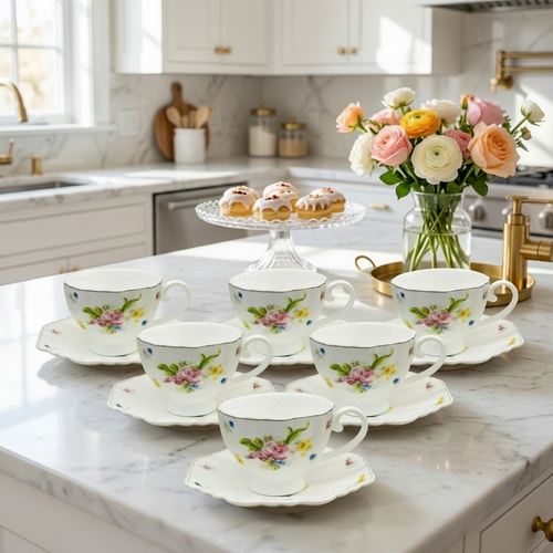 Elegant Floral Tea Cups with Scalloped Saucers Set of 6