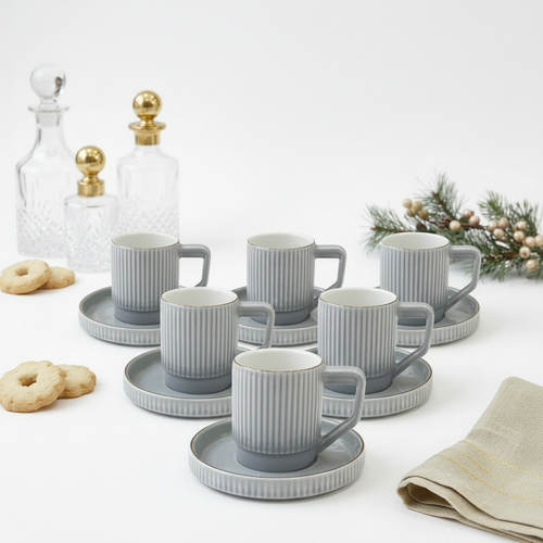 Minimalist Ceramic Cup & Deep Rimmed Saucer Set of 6