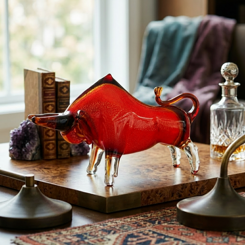 Vibrant Crimson Red Glass Bull Figurine