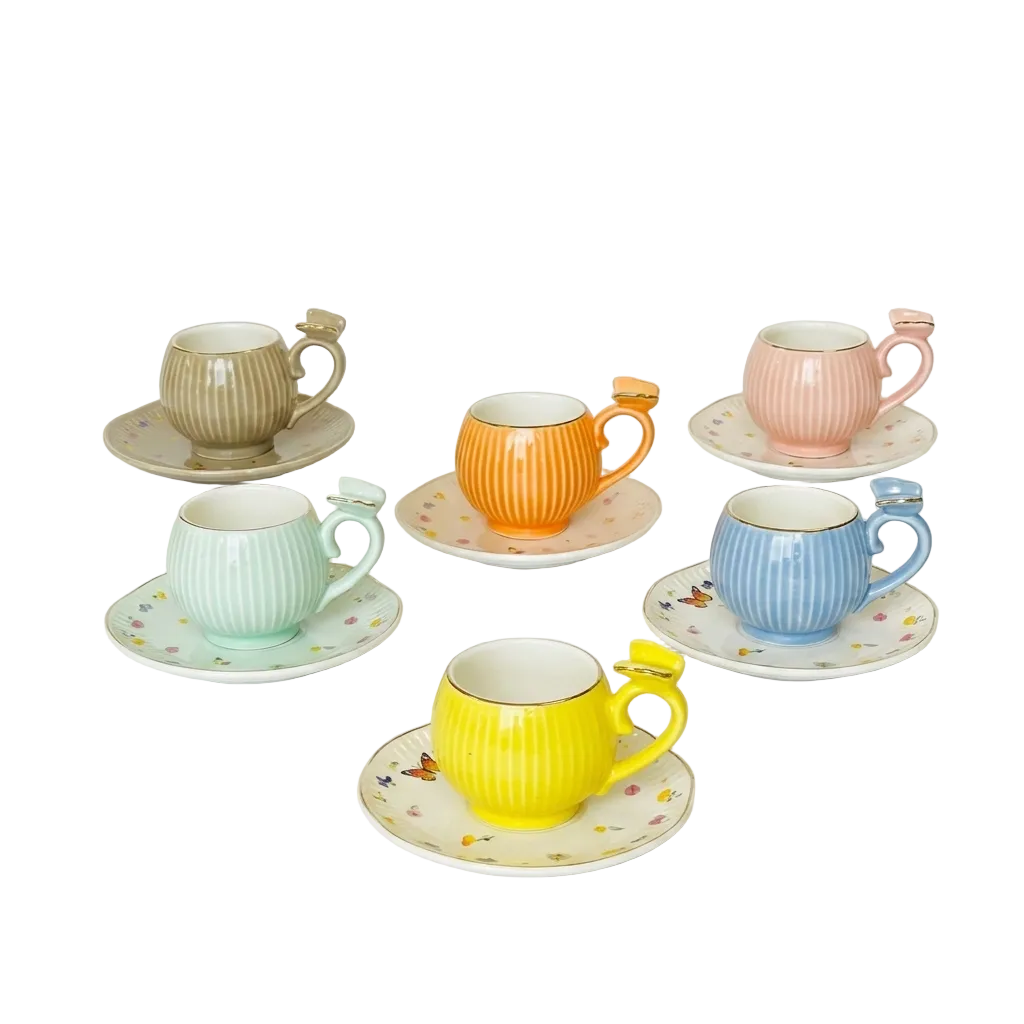 Multicolor Butterfly Handle Cup & Saucer Set 12 Piece