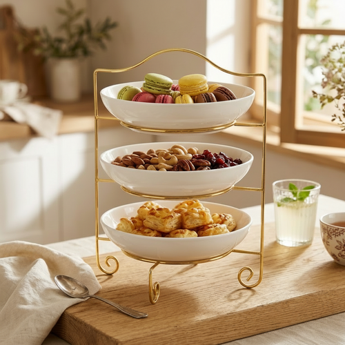 3-Tier Elegant Serving Stand with Gold-Plated Metal Frame