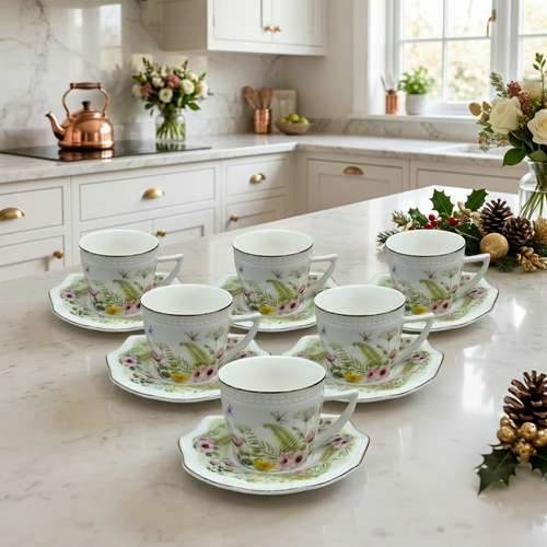 Elegant Metallic Gold Trim Cup & Saucer Set of 6
