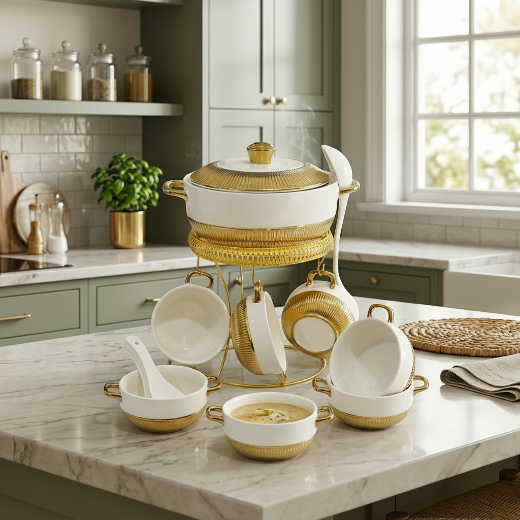 Imperial Soup Tureen & Serving Bowl Set with Gold Stand 13 piece