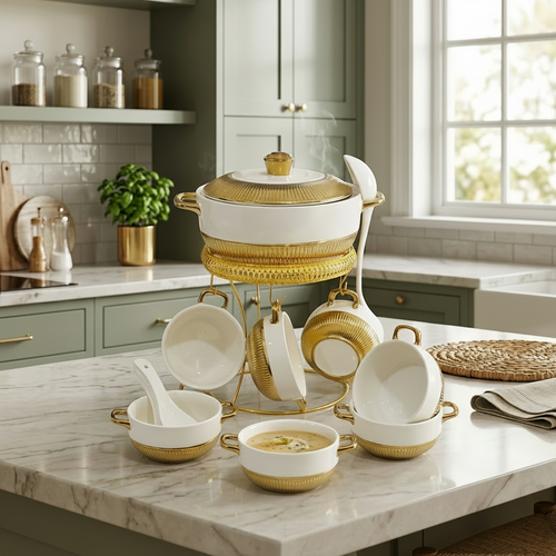 Imperial Soup Tureen & Serving Bowl Set with Gold Stand 13 piece