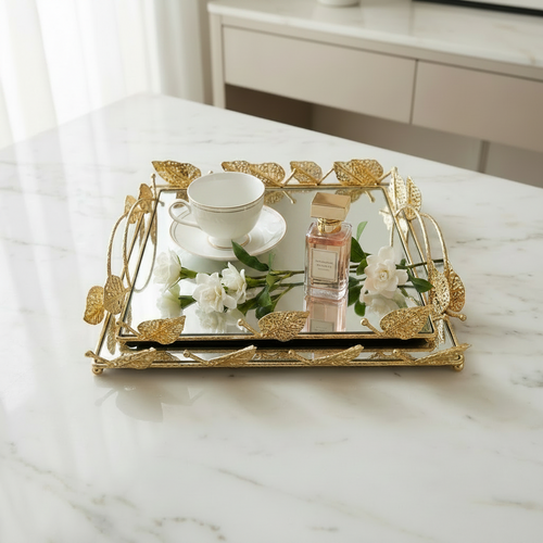 Imperial Gold Leaf Vanity Trays with Mirrored Bases Set of 2
