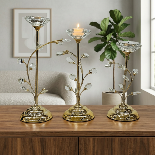 Majestic Floral Gold Candle Stand Set of 3