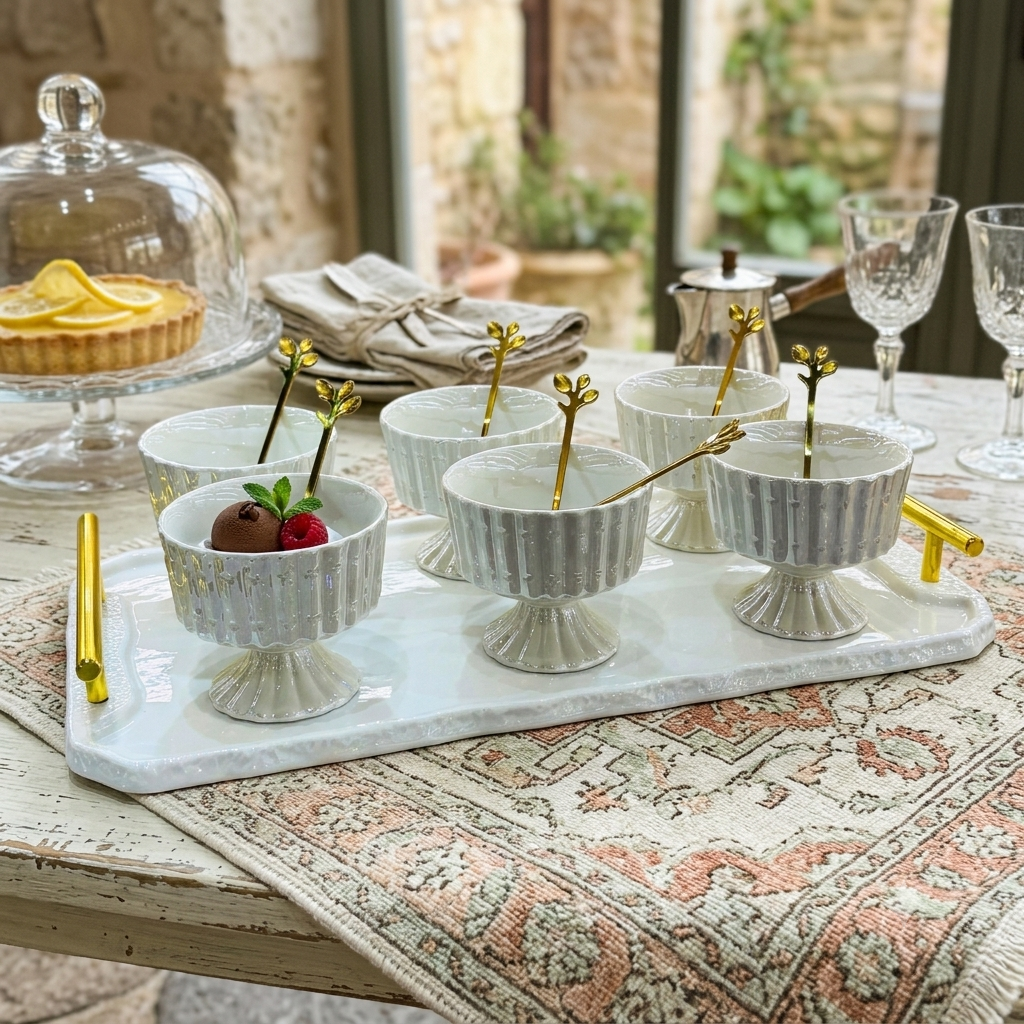 Elegant Ice Cream Cups with Gold Leaf Spoons & Tray 13 Piece