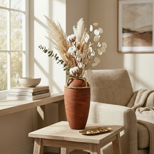 Rustic Textured Vase with Gold Handle Accents