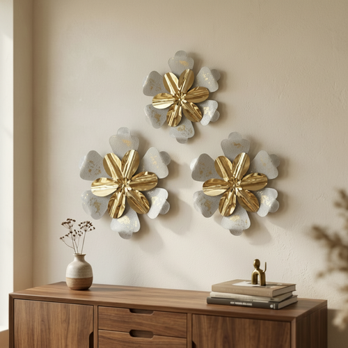 Luxury Gold & Textured White Floral Wall Mural Set of 3