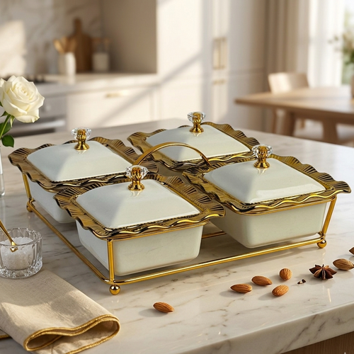 Gold-Trimmed 4-Compartment Bowl Set with Lid and Stand