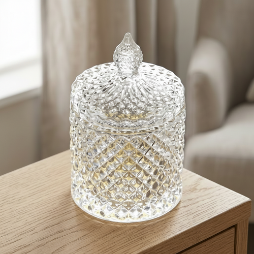 Vintage Diamond-Cut Glass Candy Jar with Lidded Finial