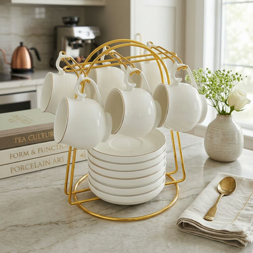 Elegant Teacup and Saucer Set with Gold Display Stand 13 Piece