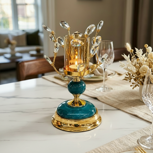 Imperial Teal & Gold Crystal Branch Candle Holder