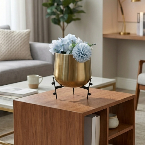 Mid Century Metallic Vase with Black Accent Stand