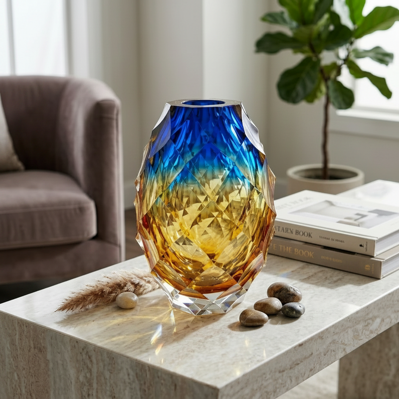 Luxury Cobalt & Amber Geometric Crystal Vessel