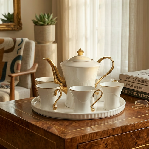 Imperial Gold Textured Tea Set with Serving Tray