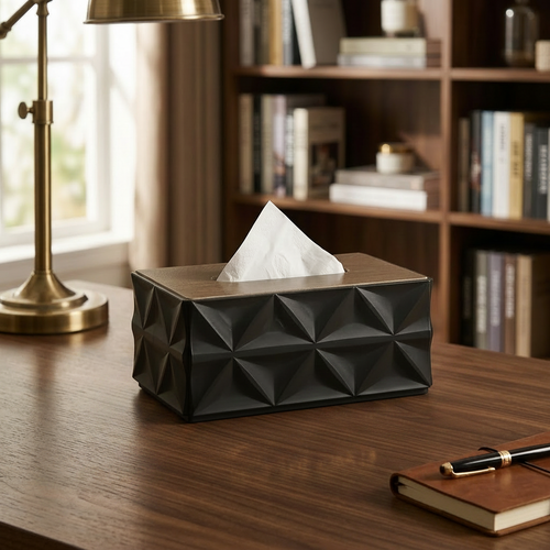 Geometric Textured Matte Black & Walnut Tissue Box Cover