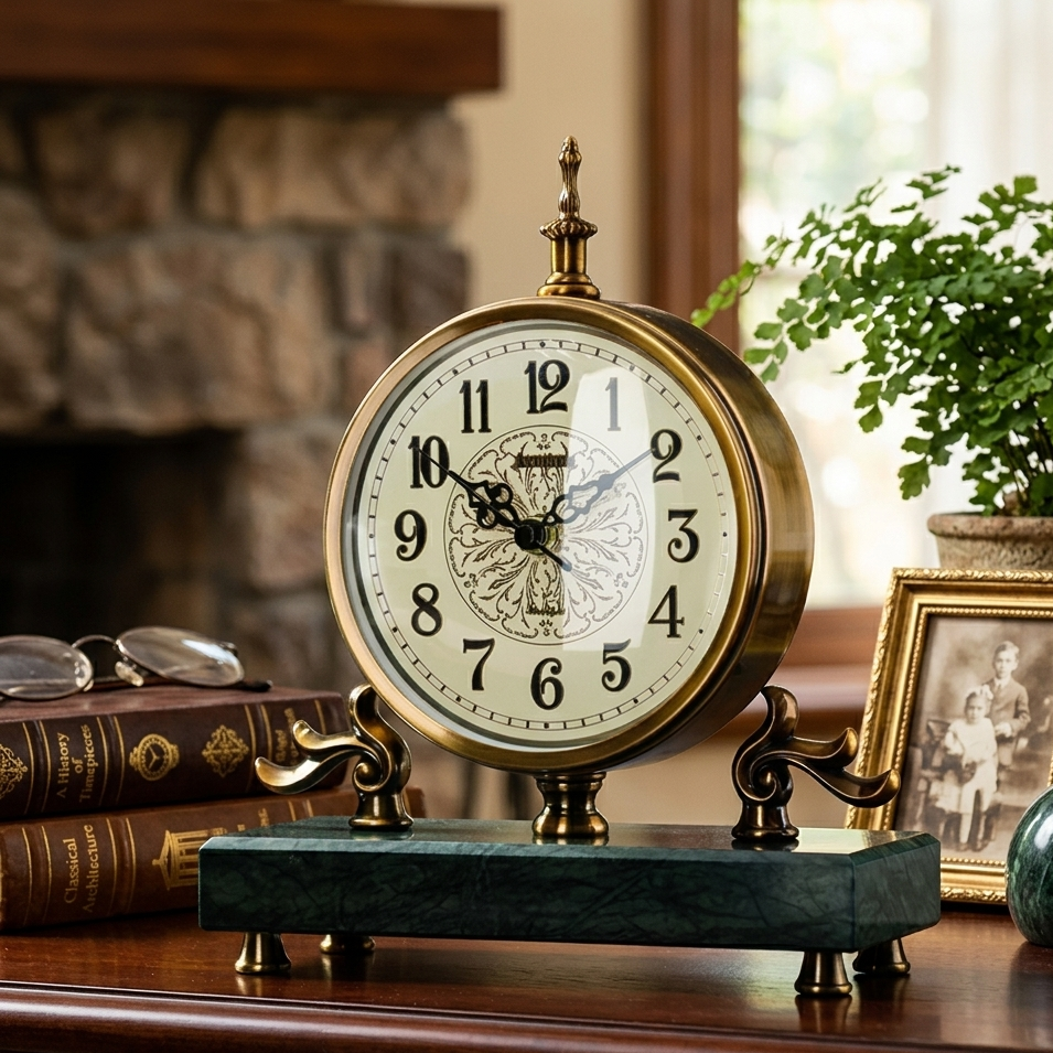 Decorative clock on a wooden surface with books and a plant in the background