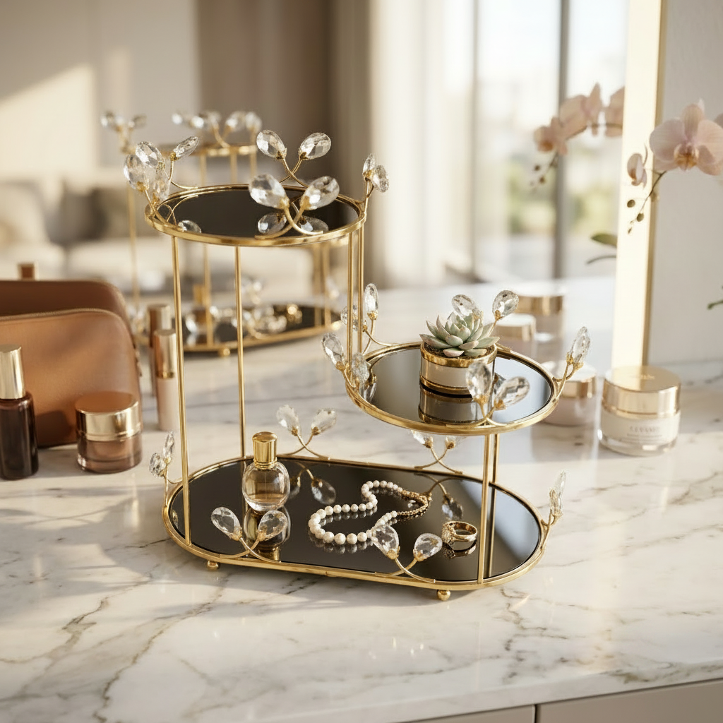 Luxury Gold 3 Tier Mirrored Vanity Tray
