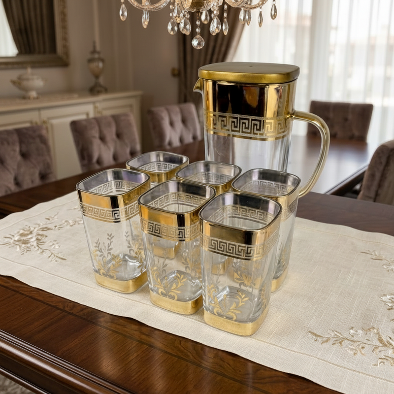 Royal Gold Greek Key Glass Water Pitcher & Tumbler Set of 7