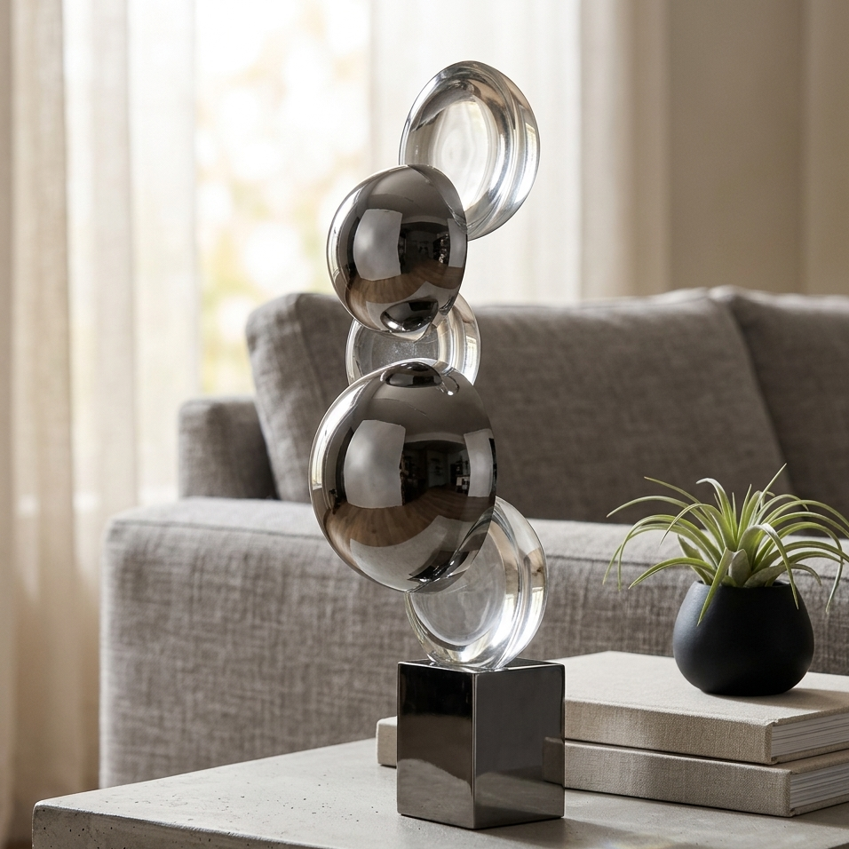 Modern decorative sculpture on a table with a blurred living room background
