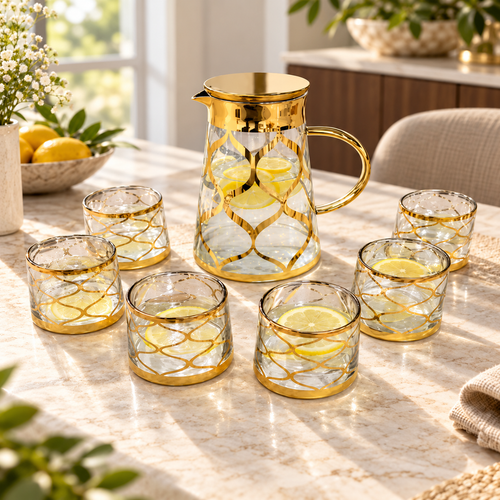Gold Lattice Glass Water Pitcher & Tumbler Set 7 Piece