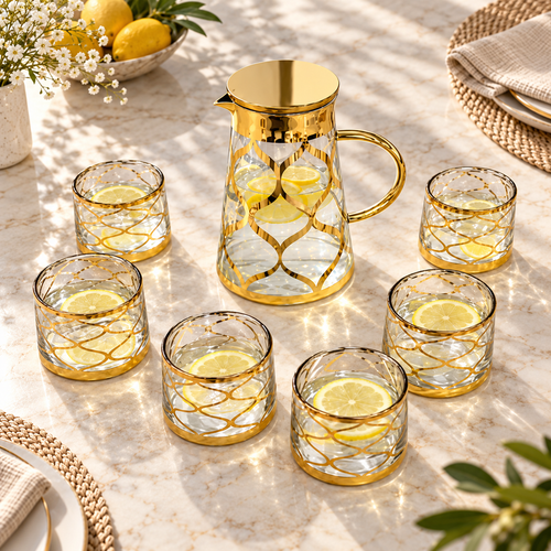 Gold Lattice Glass Water Pitcher & Tumbler Set 7 Piece