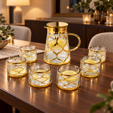 Gold Lattice Glass Water Pitcher & Tumbler Set 7 Piece