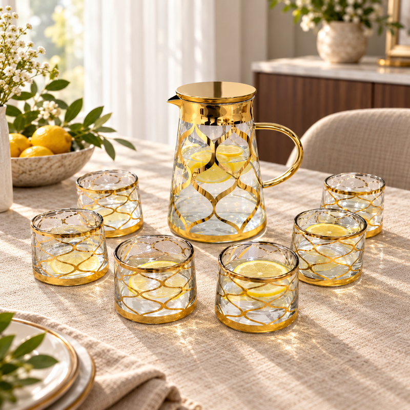 Gold Lattice Glass Water Pitcher & Tumbler Set 7 Piece