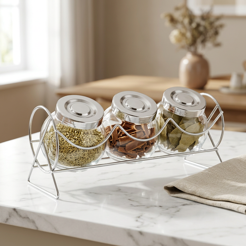 Modern Glass Container Set of 3 with Metal Stand