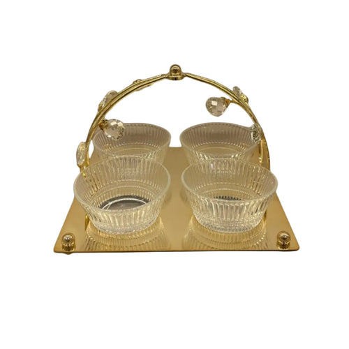 4-Bowl Crystal Serving Set with Decorative Gold Tray & Handle
