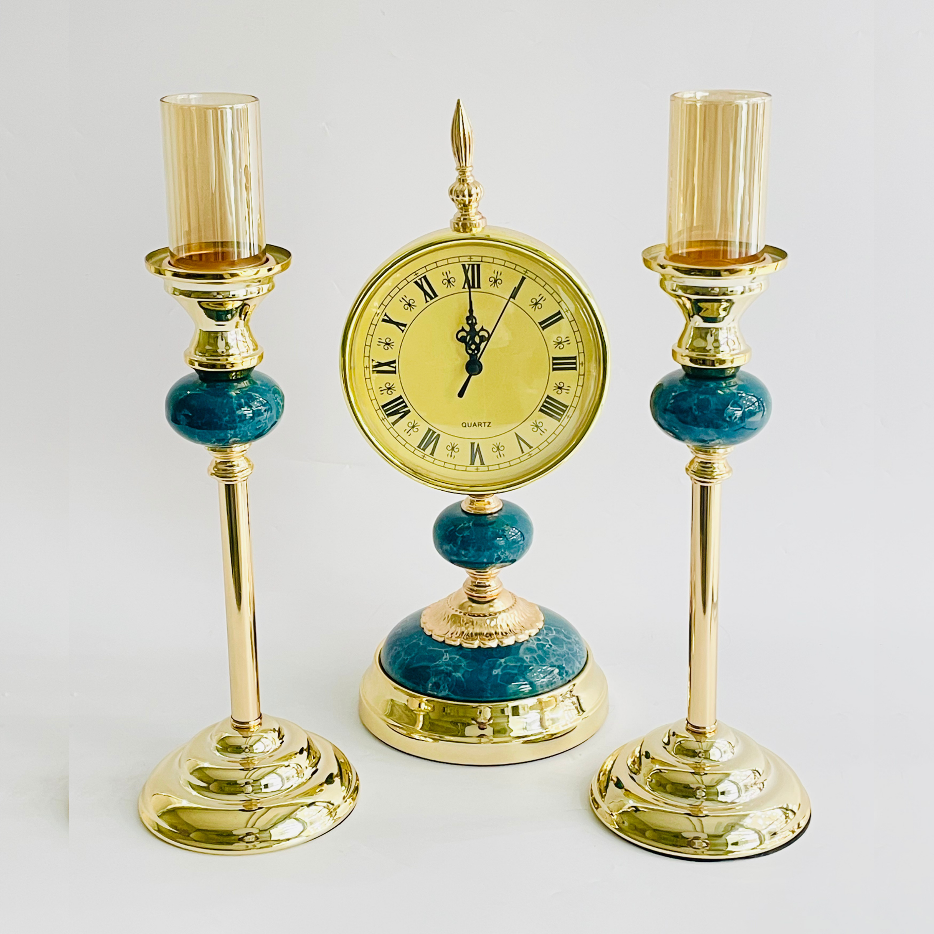 Modern Candle Stand With Clock - 3Pc Set