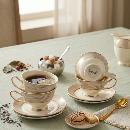 Classic Ivory Floral Cup & Saucer Set - Set of 6 (200 cc)