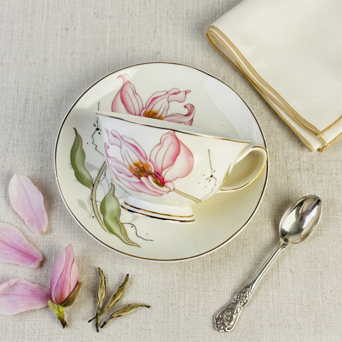 Ivory Mesh Pattern Premium Tea Cups & Saucer - Set of 6 (200 cc)