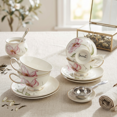 Ivory Mesh Pattern Premium Tea Cups & Saucer - Set of 6 (200 cc)