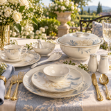 Golden Peony & Dusty Blue Luxury Porcelain Dinner Set 39 Pcs