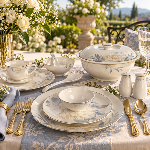 Golden Peony & Dusty Blue Luxury Porcelain Dinner Set 39 Pcs
