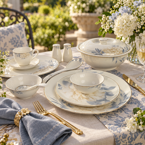 Golden Peony & Dusty Blue Luxury Porcelain Dinner Set 39 Pcs