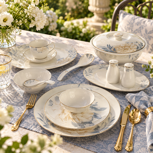 Golden Peony & Dusty Blue Luxury Porcelain Dinner Set 39 Pcs