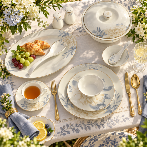 Golden Peony & Dusty Blue Luxury Porcelain Dinner Set 39 Pcs