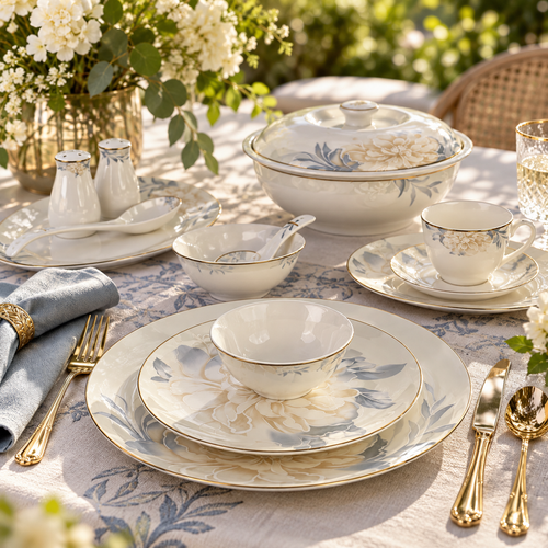Golden Peony & Dusty Blue Luxury Porcelain Dinner Set 39 Pcs