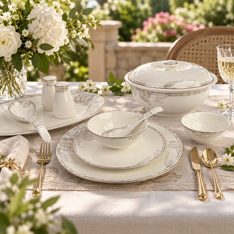 Ethereal Silver Bloom Muted Grey Floral Fine Dinner Set 39 Pcs