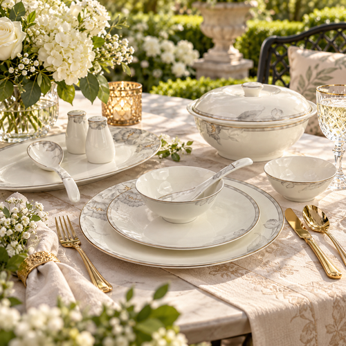 Ethereal Silver Bloom Muted Grey Floral Fine Dinner Set 39 Pcs