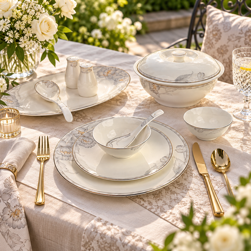 Ethereal Silver Bloom Muted Grey Floral Fine Dinner Set 39 Pcs
